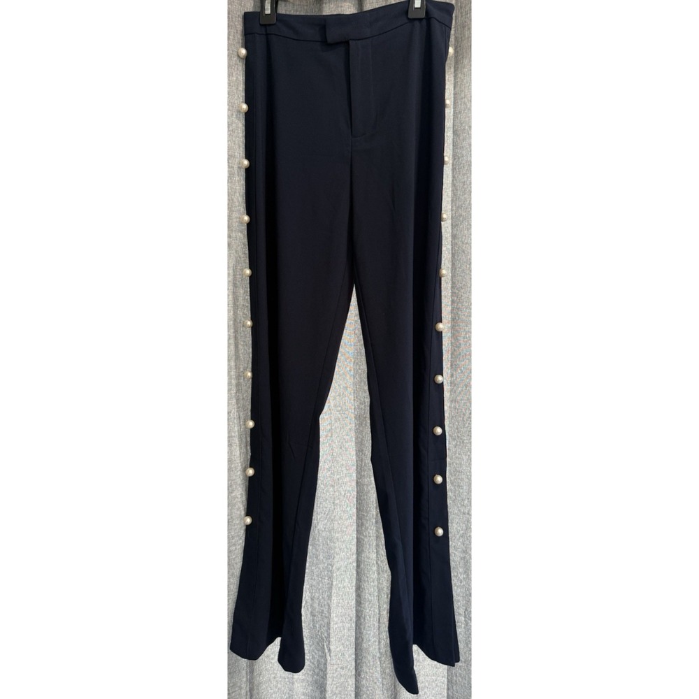 DO‎ + BE Faux Pearl Trim Pants Size Small Zip Slit at Ankle Navy Blue EUC
